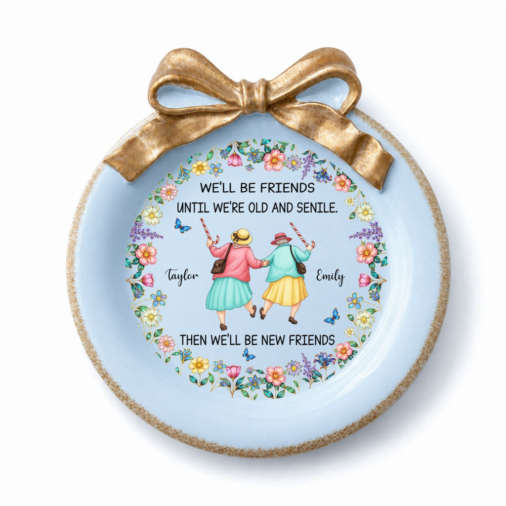 Custom Bestie Ribbon Trinket Dish, Birthday Christmas Gift For Best Friend • Old And Senile - Personalized Bow Jewelry Dish