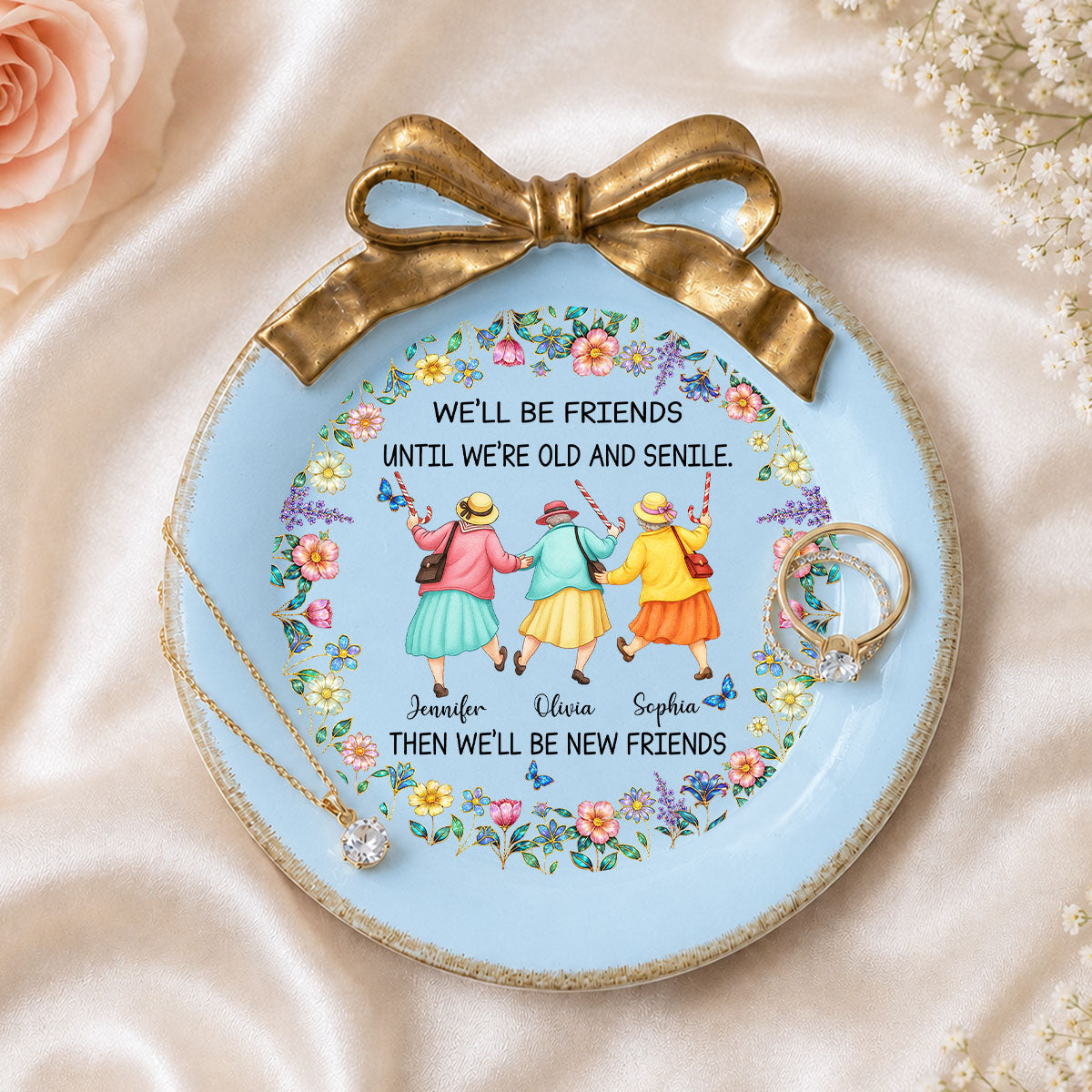 Custom Bestie Ribbon Trinket Dish, Birthday Christmas Gift For Best Friend • Old And Senile - Personalized Bow Jewelry Dish