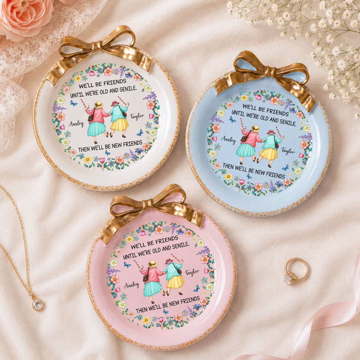 Custom Bestie Ribbon Trinket Dish, Birthday Christmas Gift For Best Friend • Old And Senile - Personalized Bow Jewelry Dish