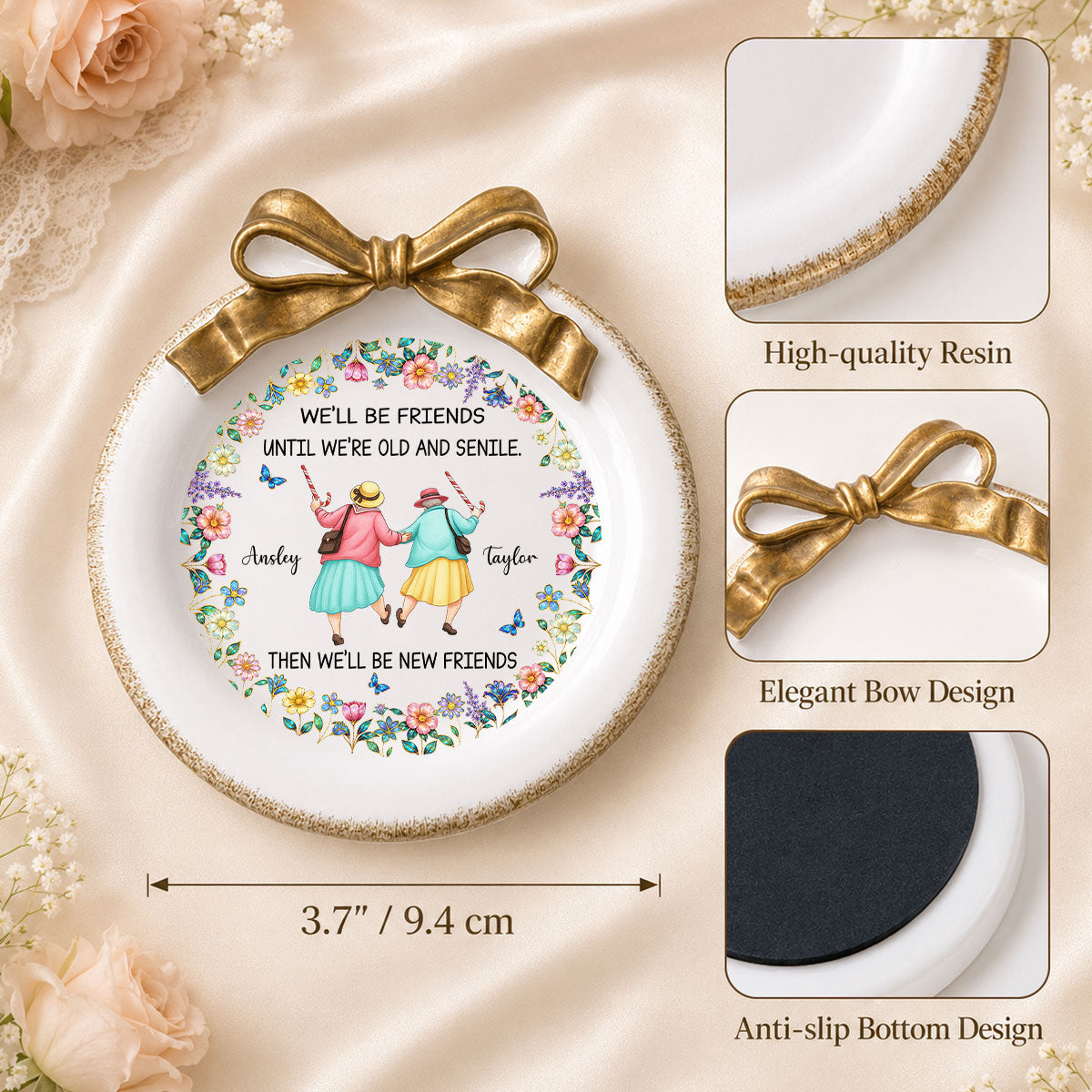 Custom Bestie Ribbon Trinket Dish, Birthday Christmas Gift For Best Friend • Old And Senile - Personalized Bow Jewelry Dish