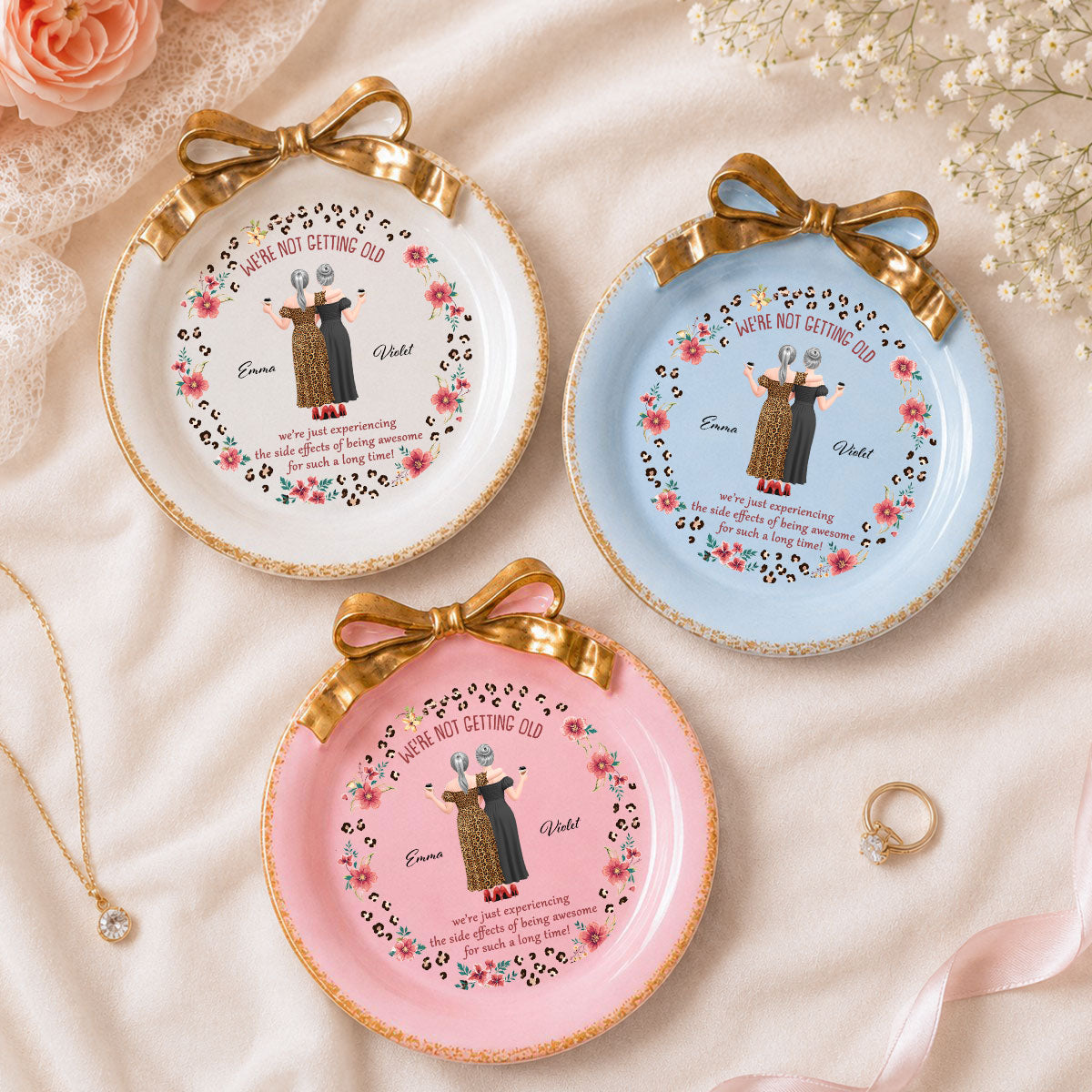 Custom Bestie Ribbon Trinket Dish, Birthday Christmas Gift For Best Friend • We Are Not Getting Old - Personalized Bow Jewelry Dish