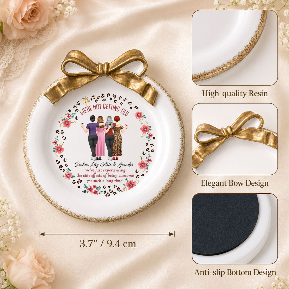 Custom Bestie Ribbon Trinket Dish, Birthday Christmas Gift For Best Friend • We Are Not Getting Old - Personalized Bow Jewelry Dish