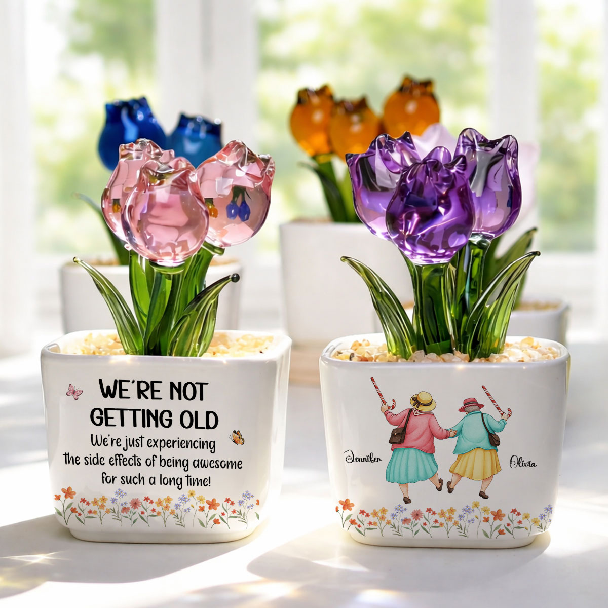 Custom Flower Keepsake, Glass Home Decor Gift for Best Friend • Not Getting Old - Personalized Glass Everlasting Tulips