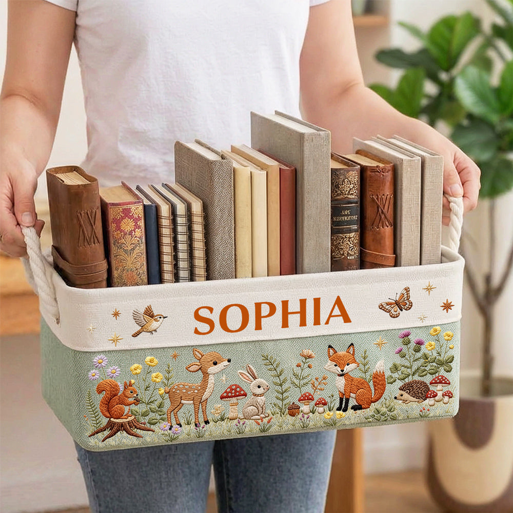 Custom Christmas Birthday Gift For Book Lovers, Bookworms, Readers • Floral Forest Animals - Personalized Storage Basket