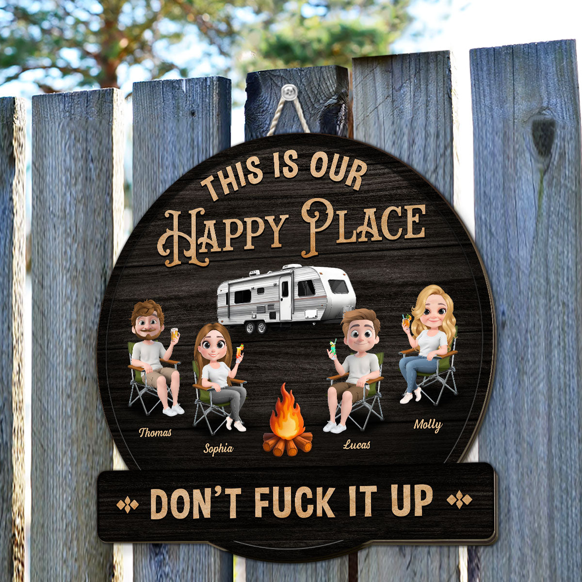 Custom Family Summer Backyard, Patio & Porch Decor • Our Happy Place - Personalized Wood Sign