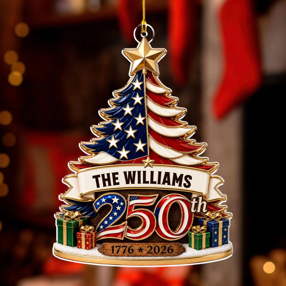 Custom Patriotic Christmas Ornament for Family, 250th Anniversary • A Patriotic Christmas To Remember - Personalized 3D Effect Acrylic Ornament