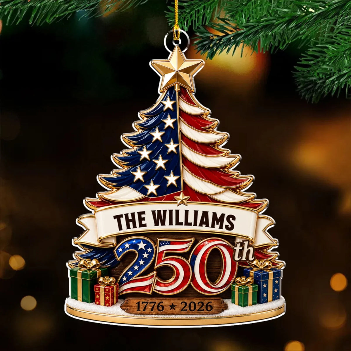 Custom Patriotic Christmas Ornament for Family, 250th Anniversary • A Patriotic Christmas To Remember - Personalized 3D Effect Acrylic Ornament