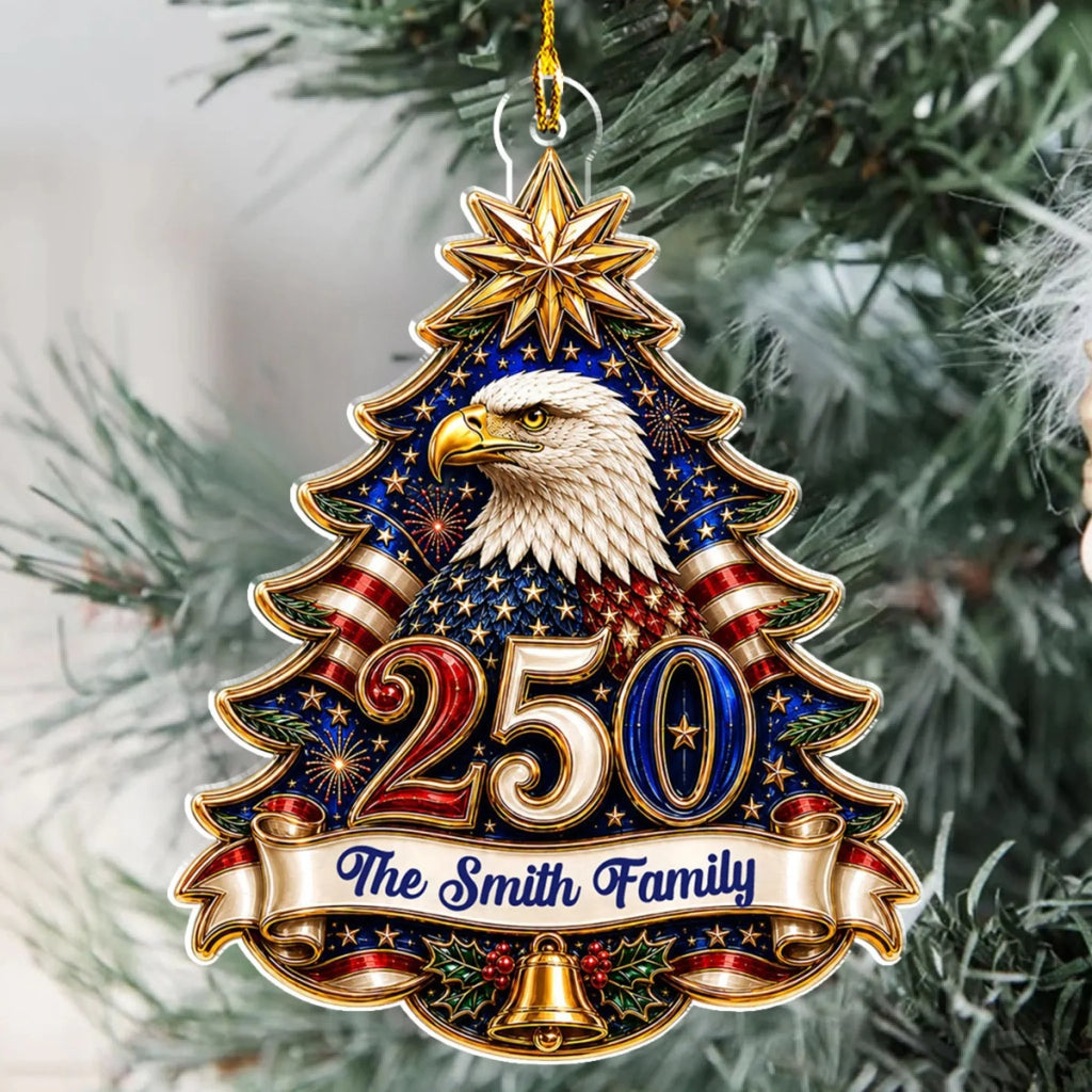 Custom Patriotic Christmas Ornament for Family, 250th Anniversary • 250 USA Anniversary - Personalized 3D Effect Acrylic Ornament