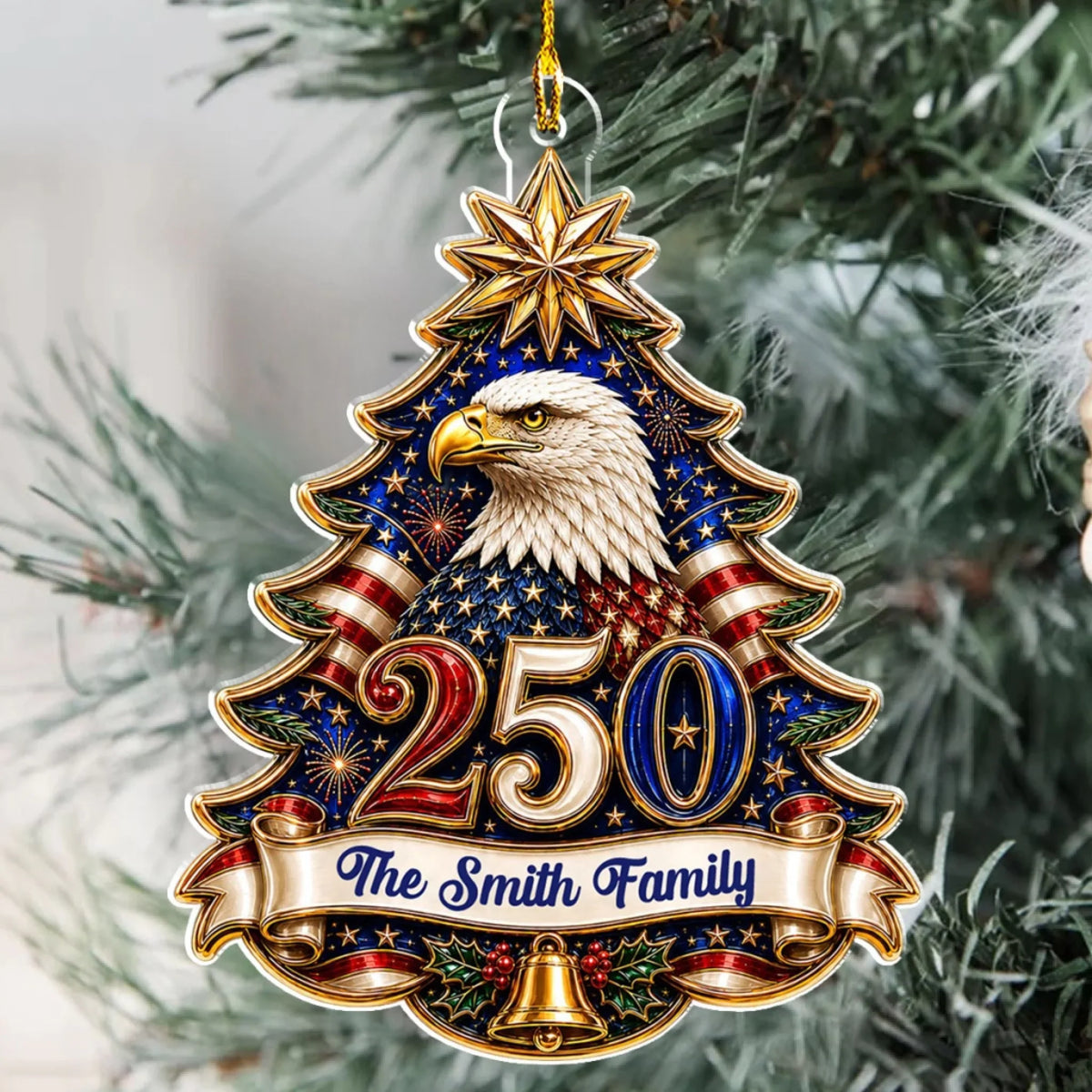 Custom Patriotic Christmas Ornament for Family, 250th Anniversary • 250 USA Anniversary - Personalized 3D Effect Acrylic Ornament