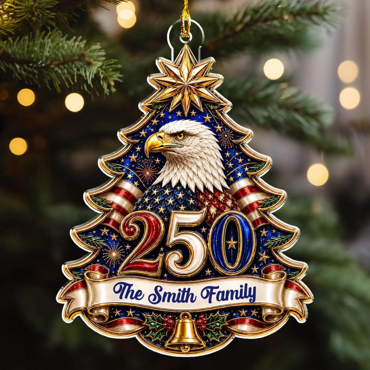 Custom Patriotic Christmas Ornament for Family, 250th Anniversary • 250 USA Anniversary - Personalized 3D Effect Acrylic Ornament
