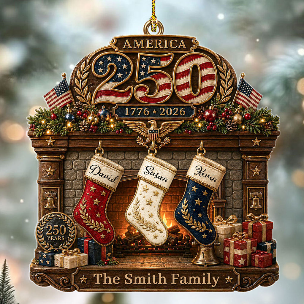 Custom Patriotic Christmas Ornament for Family, 250th Anniversary • Merry Christmas Land Of Liberty - Personalized 3D Effect Acrylic Ornament