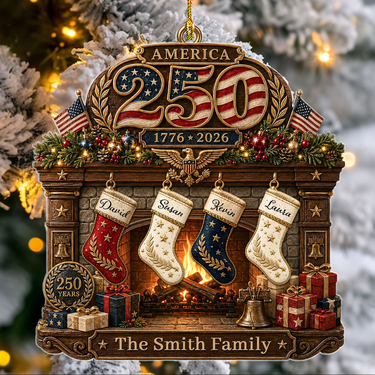 Custom Patriotic Christmas Ornament for Family, 250th Anniversary • Merry Christmas Land Of Liberty - Personalized 3D Effect Acrylic Ornament