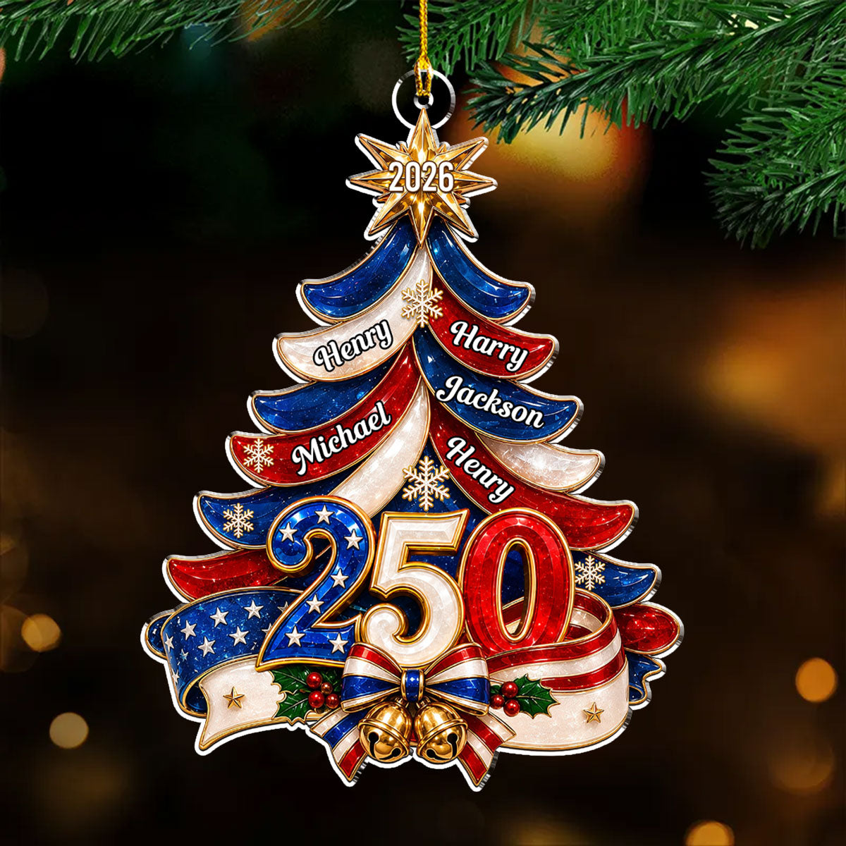 Custom Patriotic Christmas Ornament for Family, 250th Anniversary • 250 USA Anniversary - Personalized Acrylic Ornament
