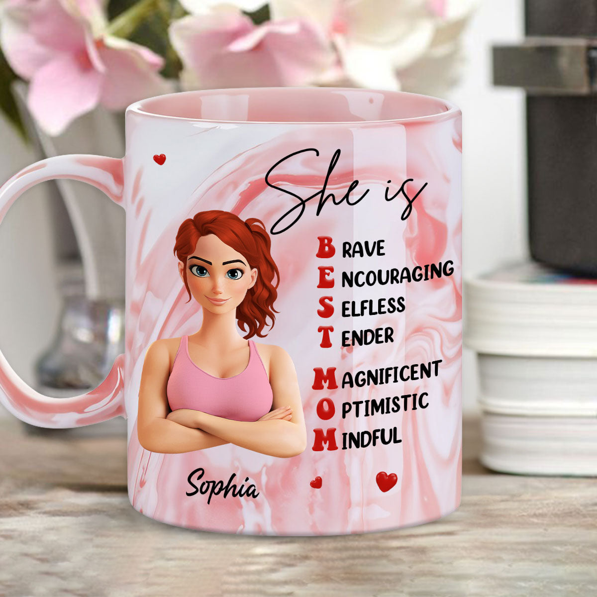 Custom Mother's Day Gift for Mom & Grandma • Best Mom - Personalized Pink Marble Mug