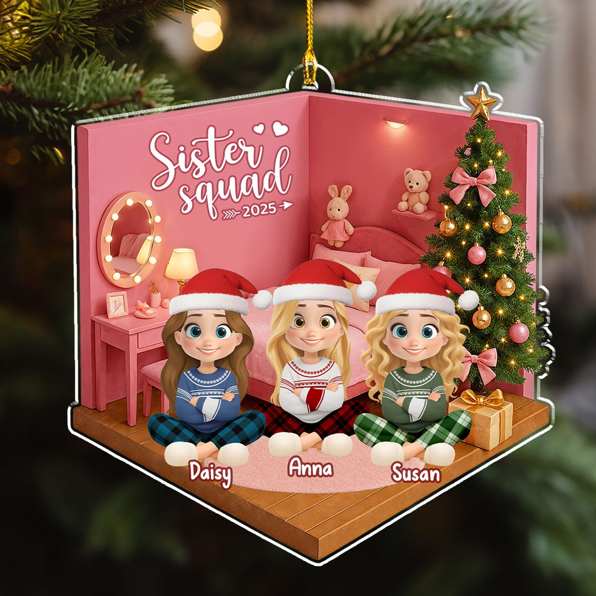 Custom Sister Christmas Ornament •  Cozy Dollhouse Nights - Personalized Acrylic Ornament