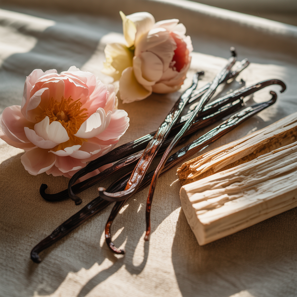Vanilla beans and flowers on a textured surface