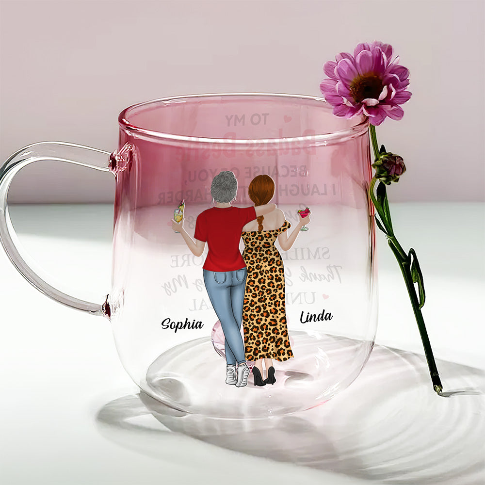 Custom Best Friend, Christmas & Birthday Friendship Keepsake Gift • Because Of You I Laugh A Little Harder - Personalized Pink Gradient Glass Mug
