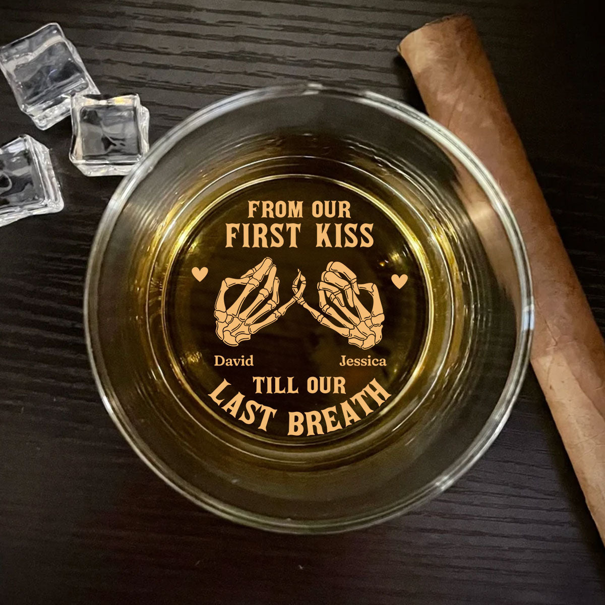 Custom Christmas Anniversary Birthday Drinkware Gifts for Husband • Our First Kiss - Personalized Engraved Whiskey Glass