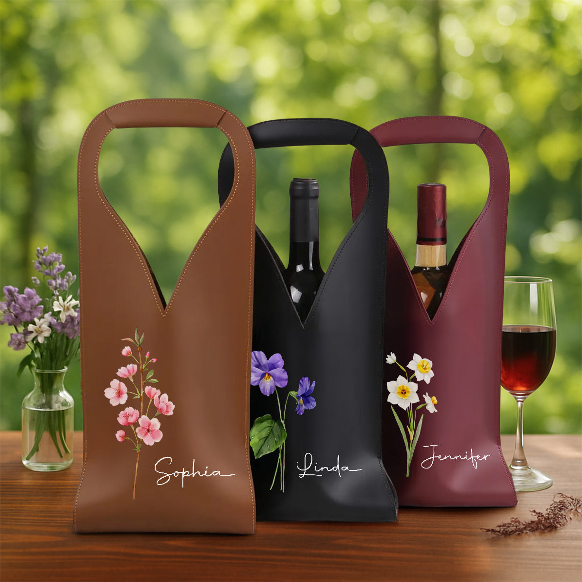 Friends Are Flowers That Never Fade - Personalized Leather Wine Bag
