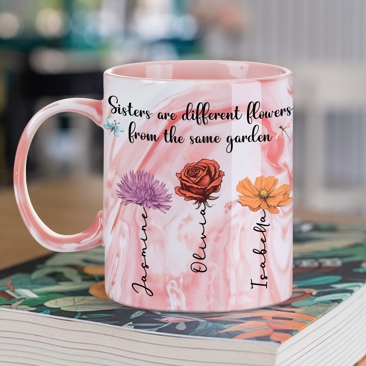 Custom Best Friend, Christmas & Birthday Friendship Keepsake Gift • Sisters Forever - Personalized Pink Marble Mug
