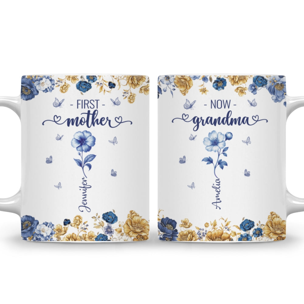 Custom Christmas & Birthday Gift For Grandma • Mom Then Grandma Now Blue Toile - Personalized Coffee Mug