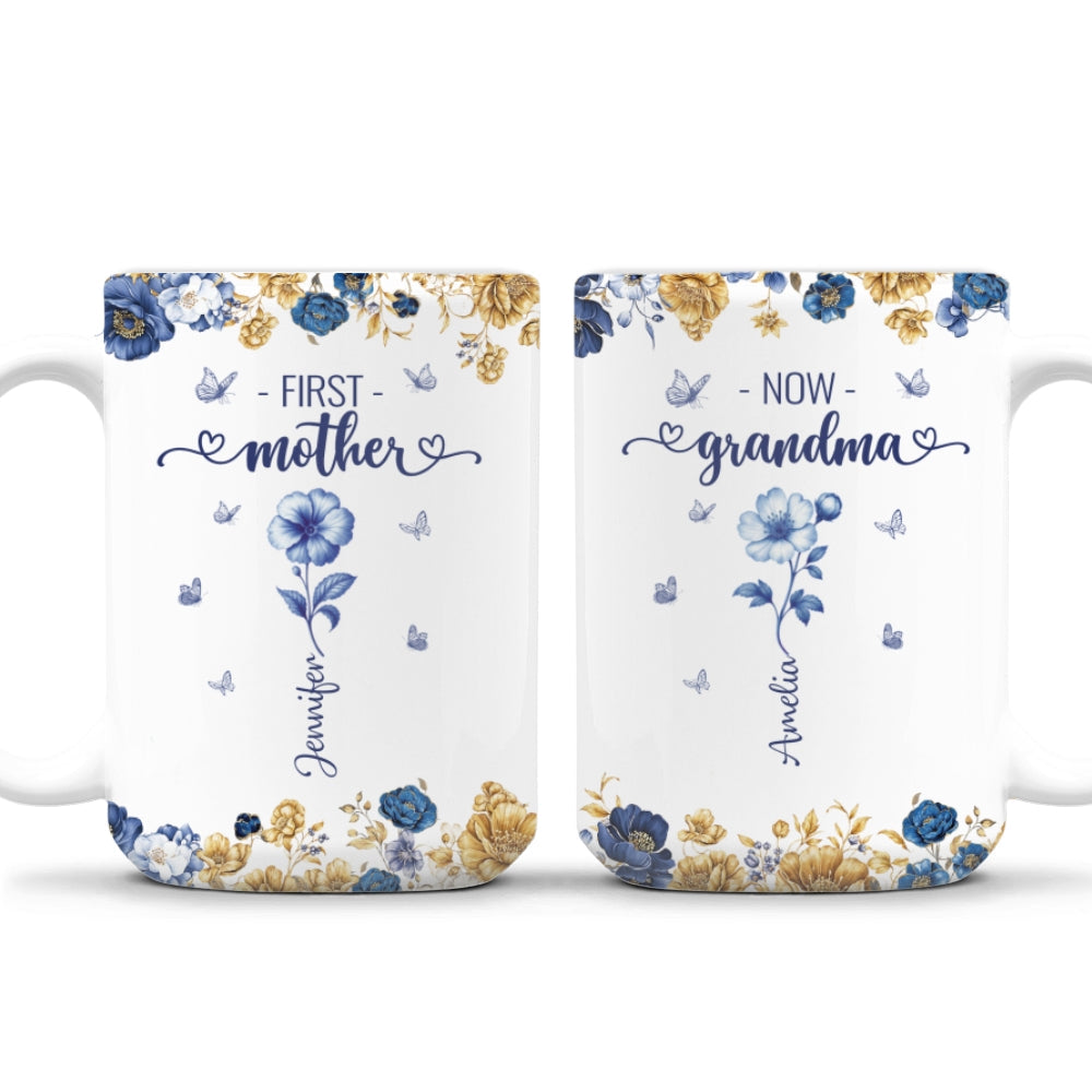 Custom Christmas & Birthday Gift For Grandma • Mom Then Grandma Now Blue Toile - Personalized Coffee Mug