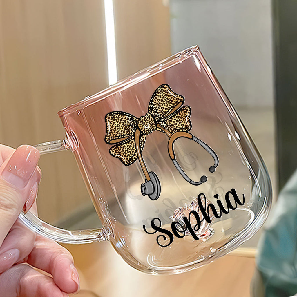 Custom Christmas & Birthday Keepsake Gift • Bow Stethoscope - Personalized Pink Gradient Glass Mug