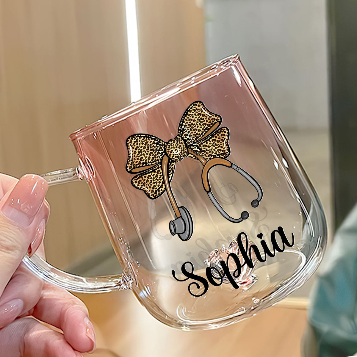 Custom Christmas & Birthday Keepsake Gift • Bow Stethoscope - Personalized Pink Gradient Glass Mug