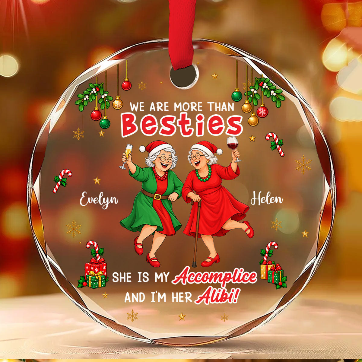 Custom Friendship Christmas Ornament, Best Friend Gift •  Accomplice And Alibi - Personalized Glass Ornament