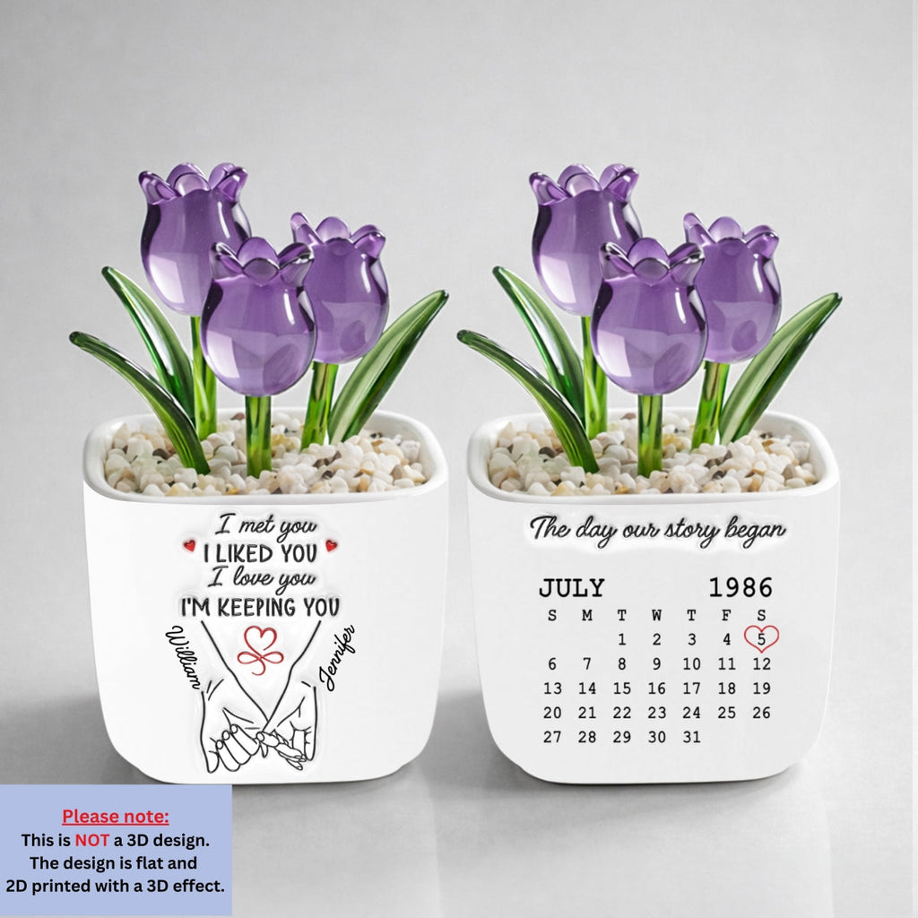 Custom Glass Flower Keepsake, Romantic Anniversary Gift for Wife • I Met You I Liked You I Love You - Personalized Glass Everlasting Tulips