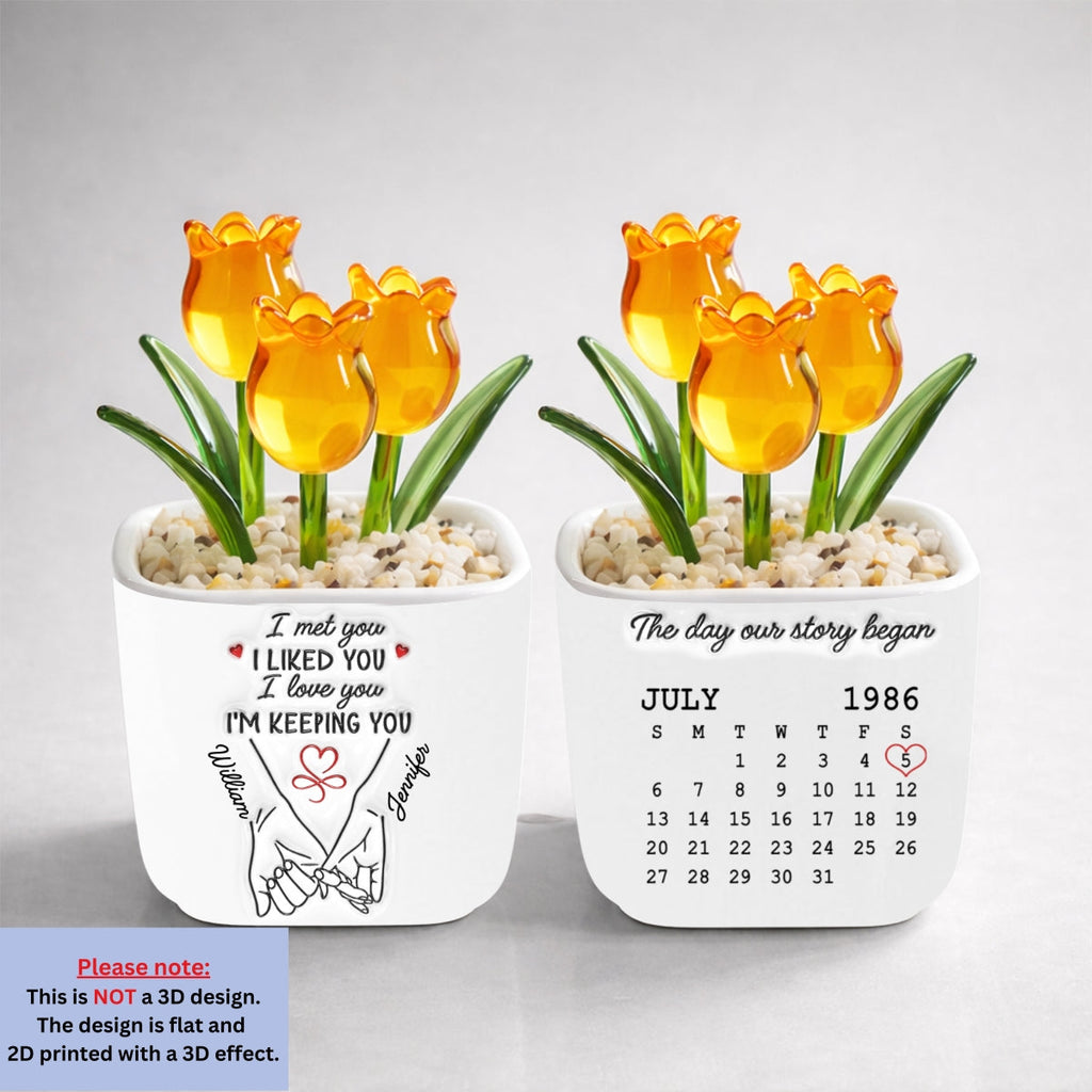 Custom Glass Flower Keepsake, Romantic Anniversary Gift for Wife • I Met You I Liked You I Love You - Personalized Glass Everlasting Tulips