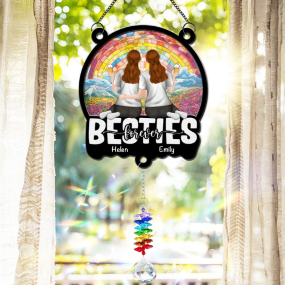 Custom Family Name Hanging Decor, Christmas Birthday Gift •  Besties Sitting Together - Personalized Suncatcher With Crystal Rainbow Charm