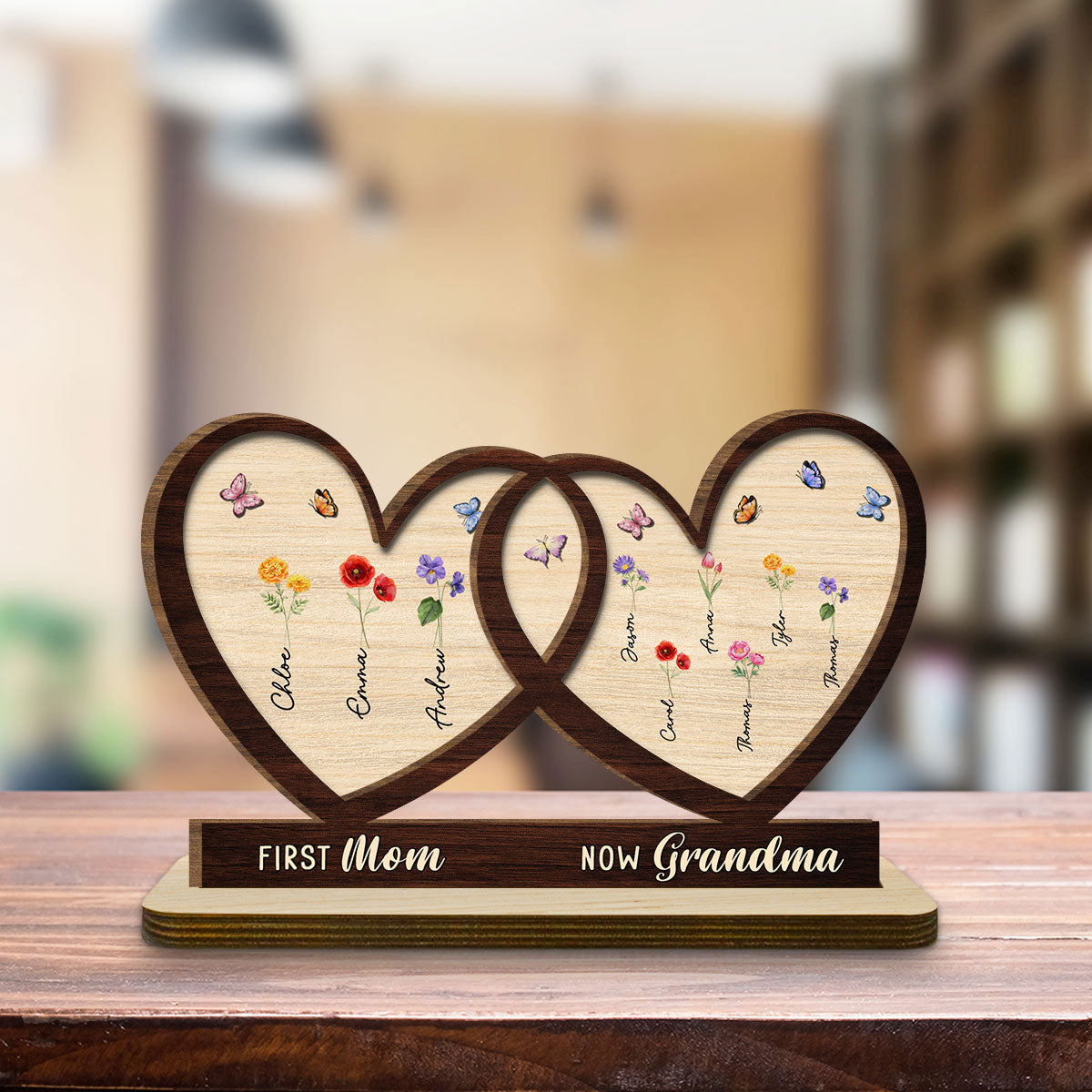 Custom Mother's Day Decor, Gift for Mom & Grandma • First Mom Now Grandma Flower - Personalized 2-Layer Wood Plaque With Flat Base