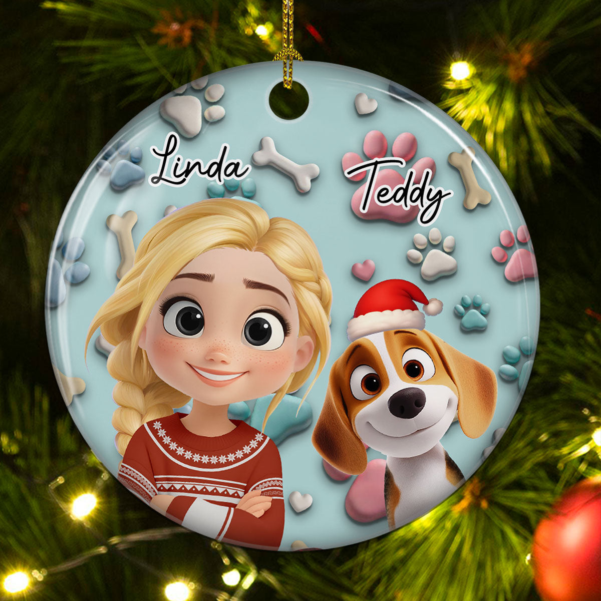 Custom Keepsake Christmas Ornament •  Dog And Human Cartoon - Personalized 3D Effect Ceramic Ornament