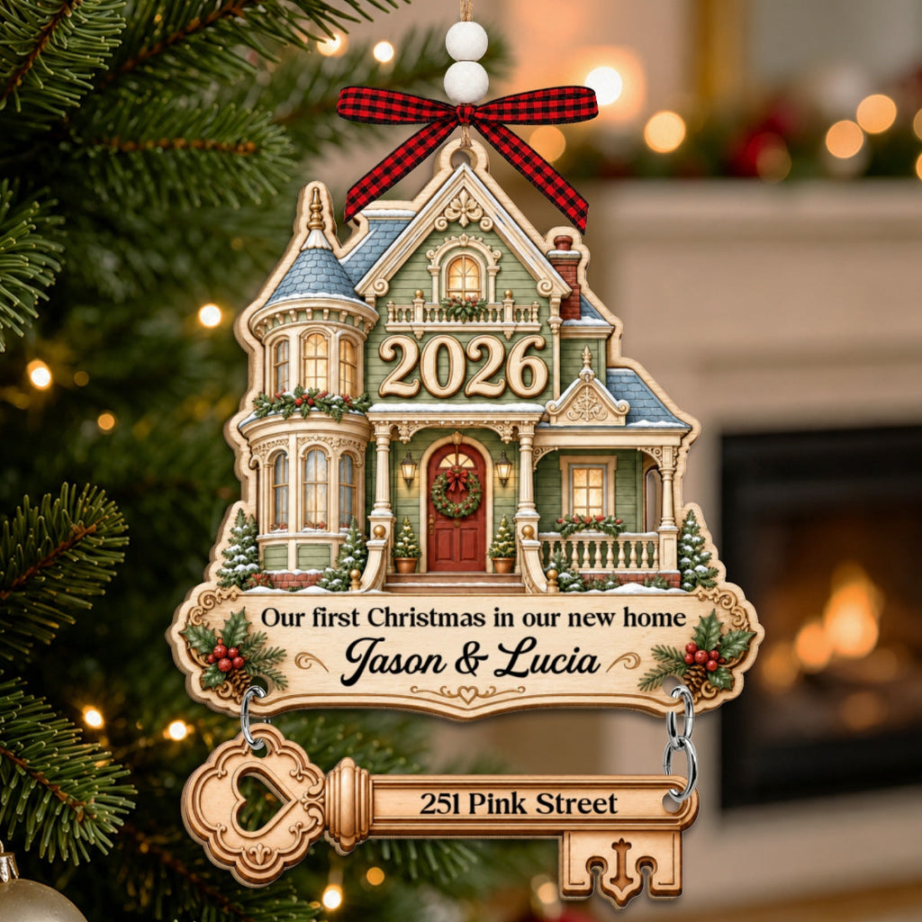 Custom Keepsake Christmas Ornament •  Christmas In Our New Home - Personalized Wooden Ornament With Tag