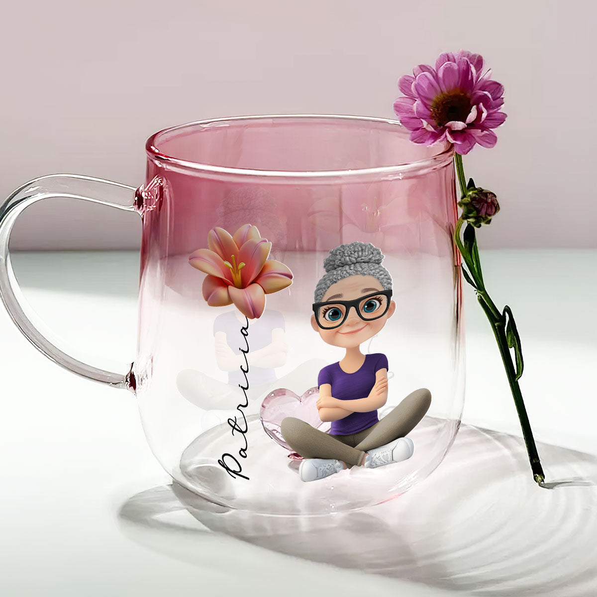 Custom Christmas & Birthday Keepsake Gift • Beautiful Floral Girl - Personalized Pink Gradient Glass Mug
