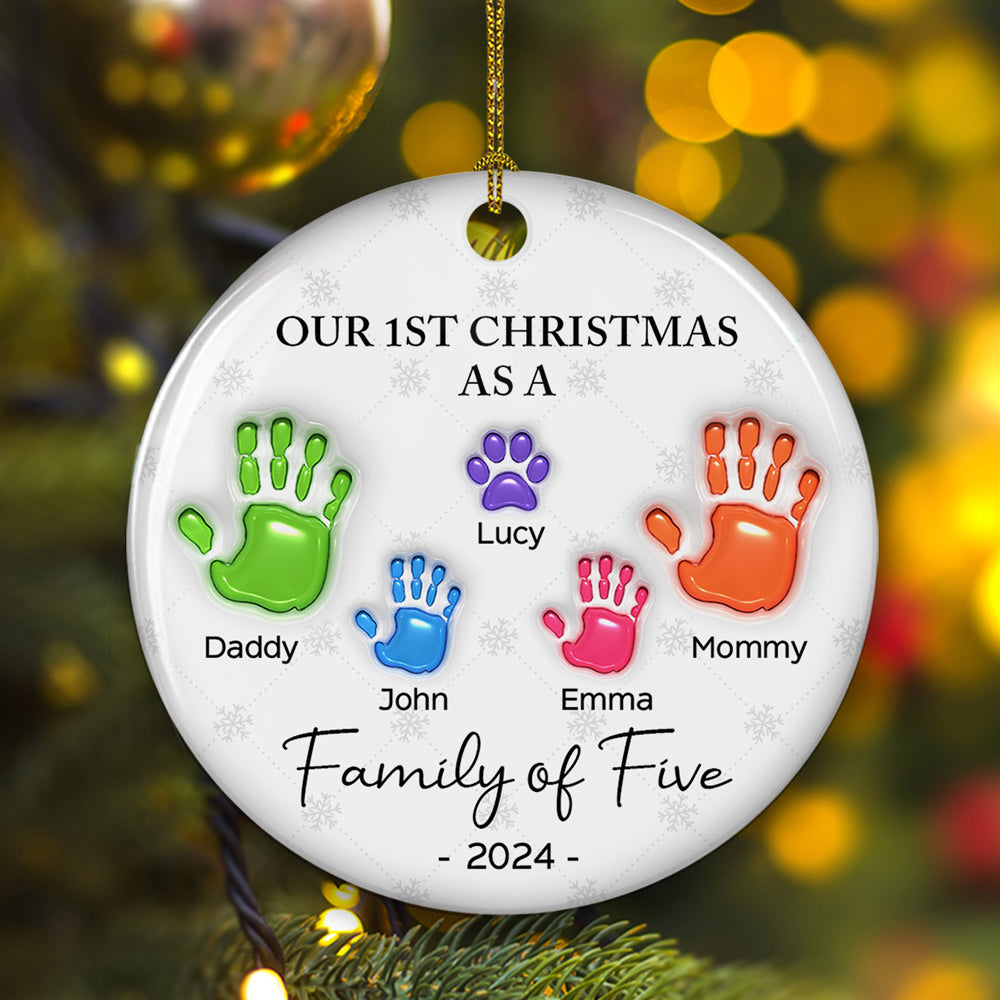 Custom Family First Christmas Ornament •  First Christmas As A Family Handprints - Personalized 3D Inflated Effect Ceramic Ornament