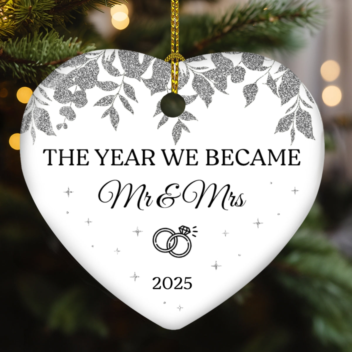 Custom First Christmas Ornament Married, Gift for Newlyweds •  Save The Date Memory - Personalized Ceramic Ornament