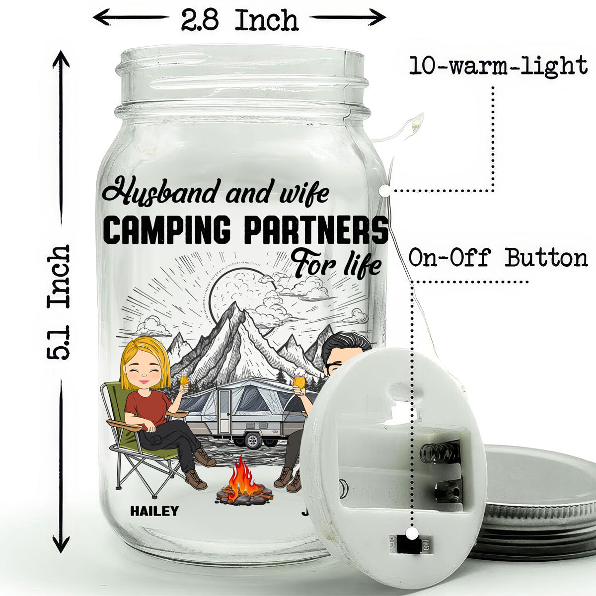 Husband And Wife Camping Partners For Life - Personalized Mason Jar Light