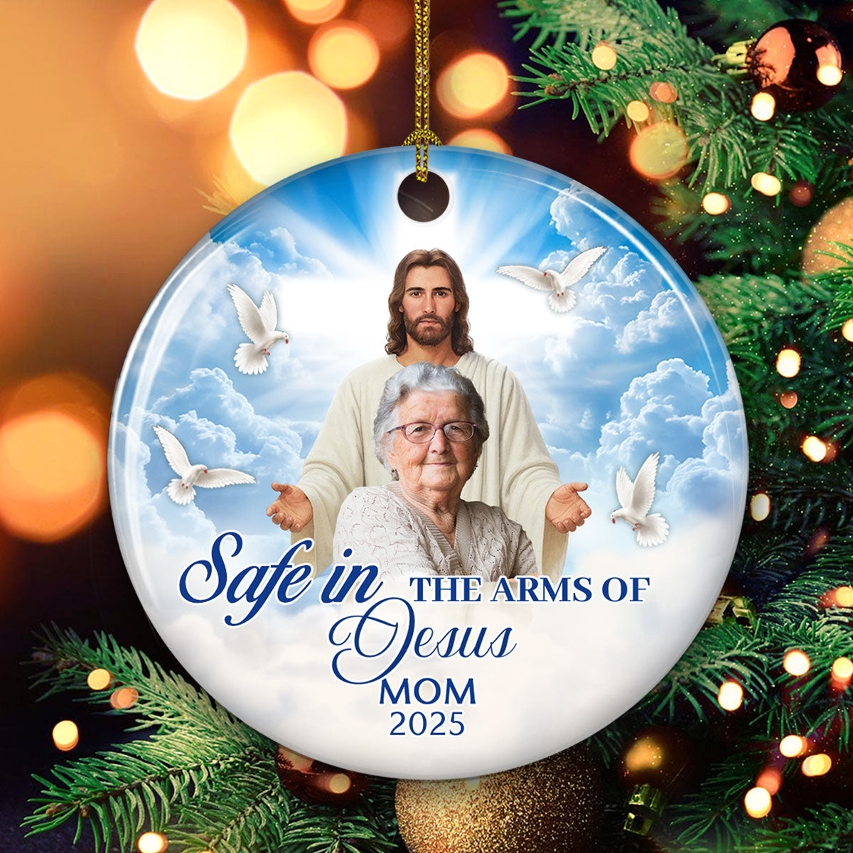 Custom Photo Memorial Christmas Ornament, Sympathy Keepsake • Safe In The Arms Of Jesus - Personalized Ceramic Ornament