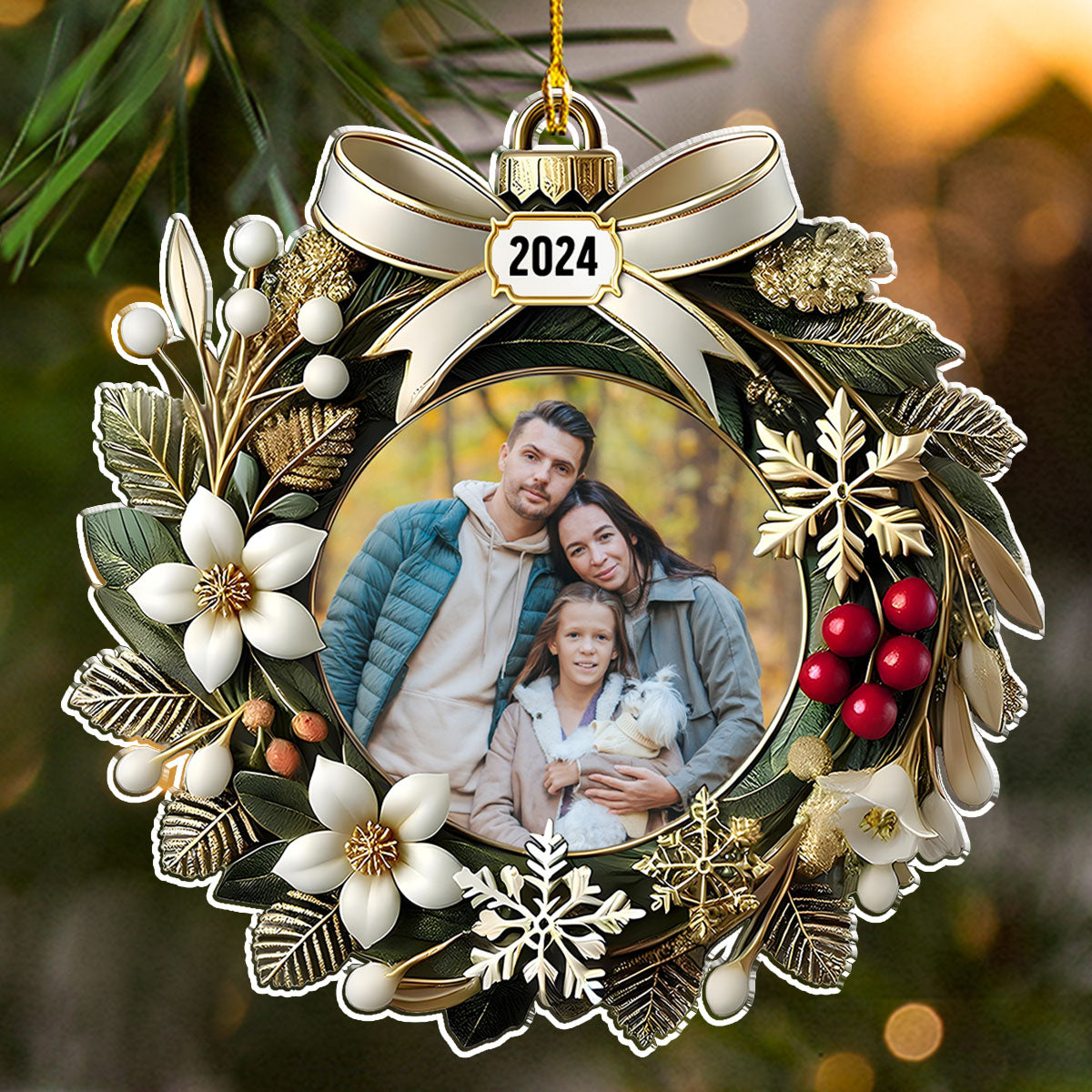 Custom Photo Family Ornament, Christmas Gift for Family Members • Christmas Wreath Ornament - Personalized Acrylic Ornament