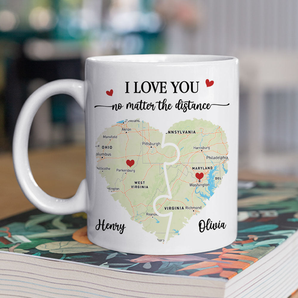 Custom Anniversary Keepsake Gifts For Couple • I Love You No Matter The Distance Map - Personalized Coffee Mug