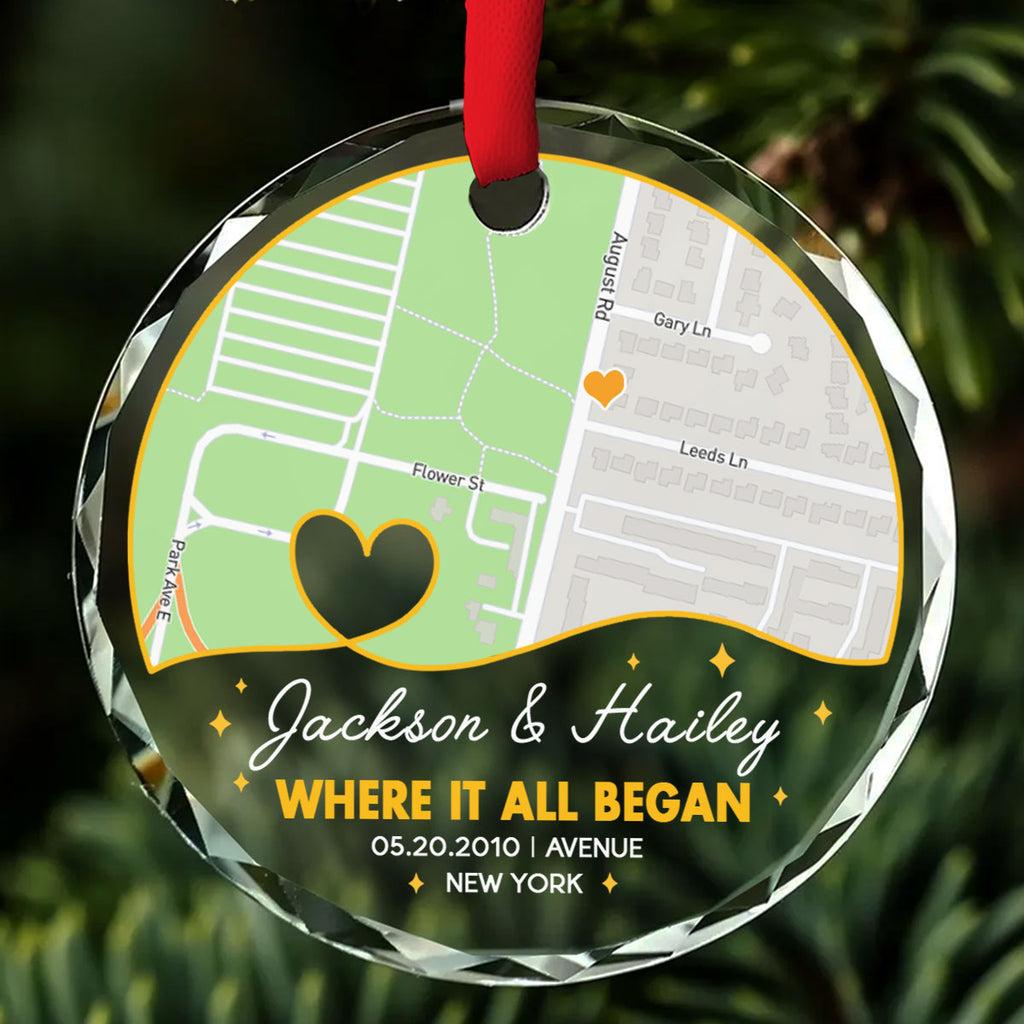 Custom Couple Christmas Ornament, Anniversary Gift •  Where Everything Began - Personalized Glass Ornament