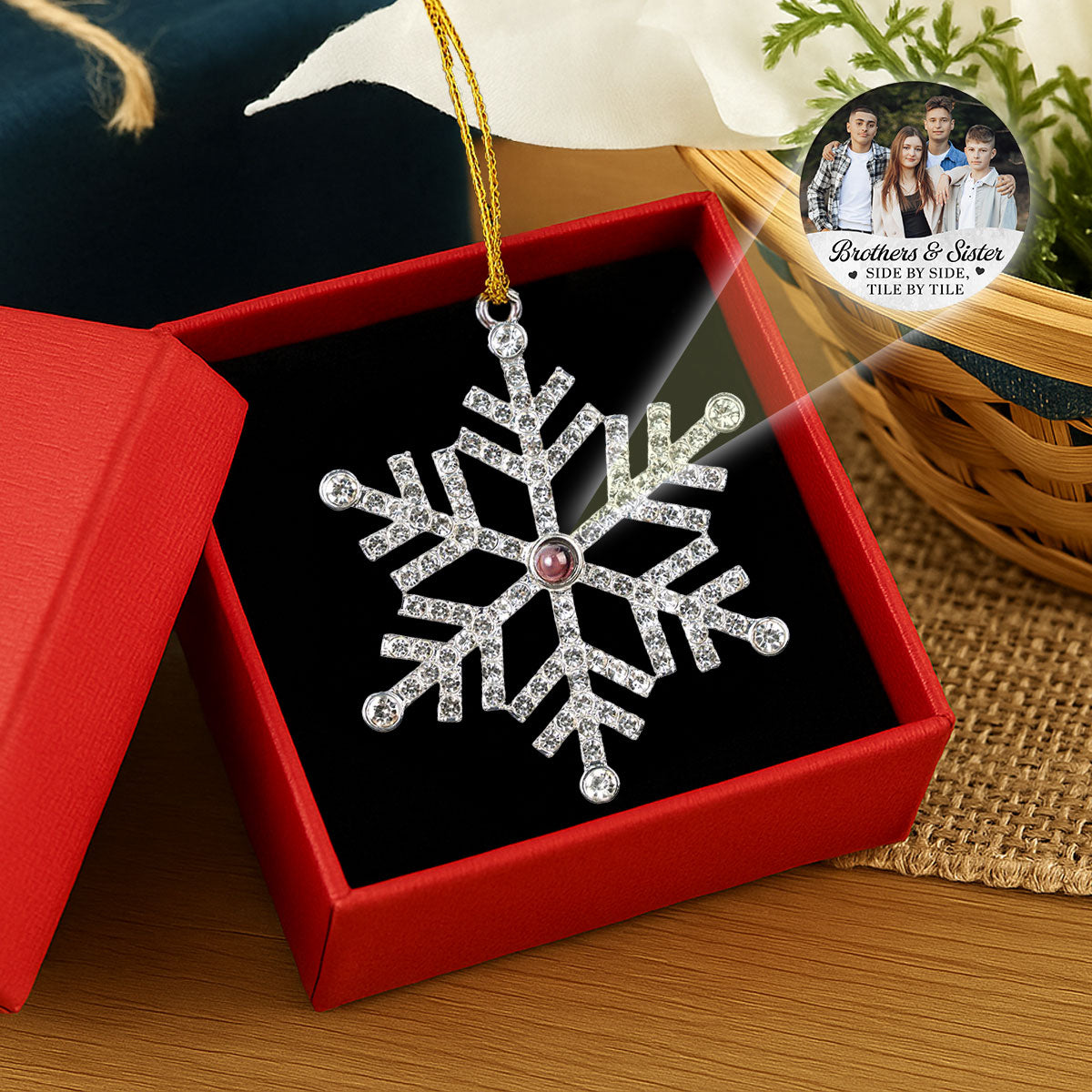 Custom Photo Sister Christmas Ornament • Side By Side Tile By Tile - Personalized Photo Snowflake Projection Ornament