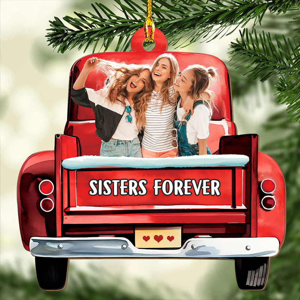 Custom Photo Friendship Christmas Ornament, Best Friend Gift • Bestie On Red Truck - Personalized 1-layered Wood Ornament
