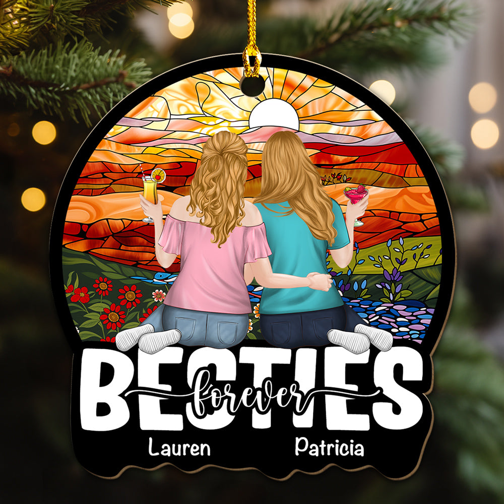 Custom Friendship Christmas Ornament, Best Friend Gift •  Besties Sitting Together - Personalized Wood Ornament
