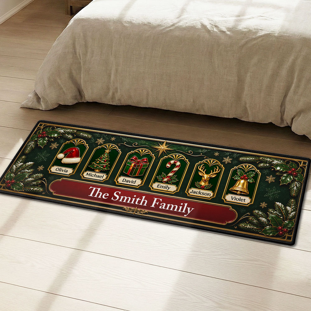 Custom Family Name Christmas Rug, Holiday Gift For Family Members • Jolly Jingle Gift Hat - Personalized Runner Rug
