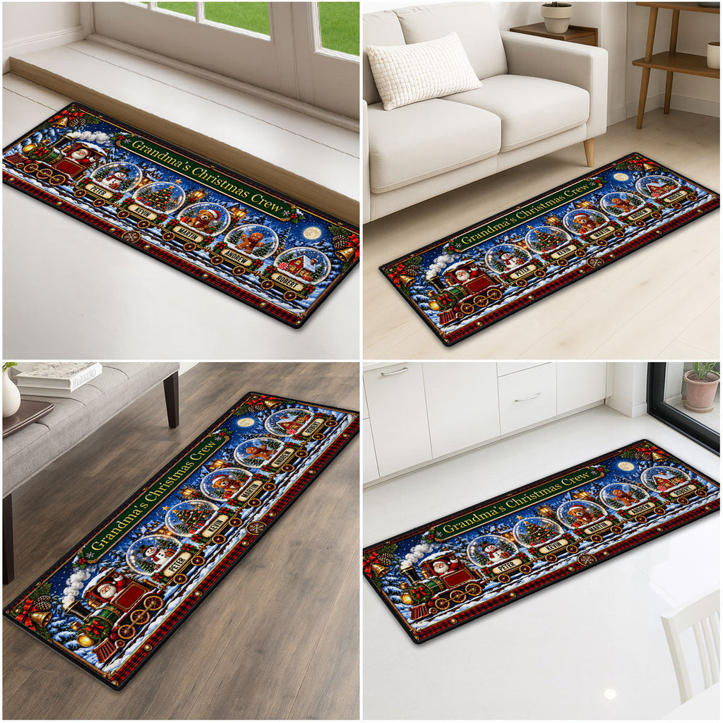 Custom Family Name Rug, Housewarming Birthday Gift For Family Members • Snow Globe Christmas Crew - Personalized Runner Rug
