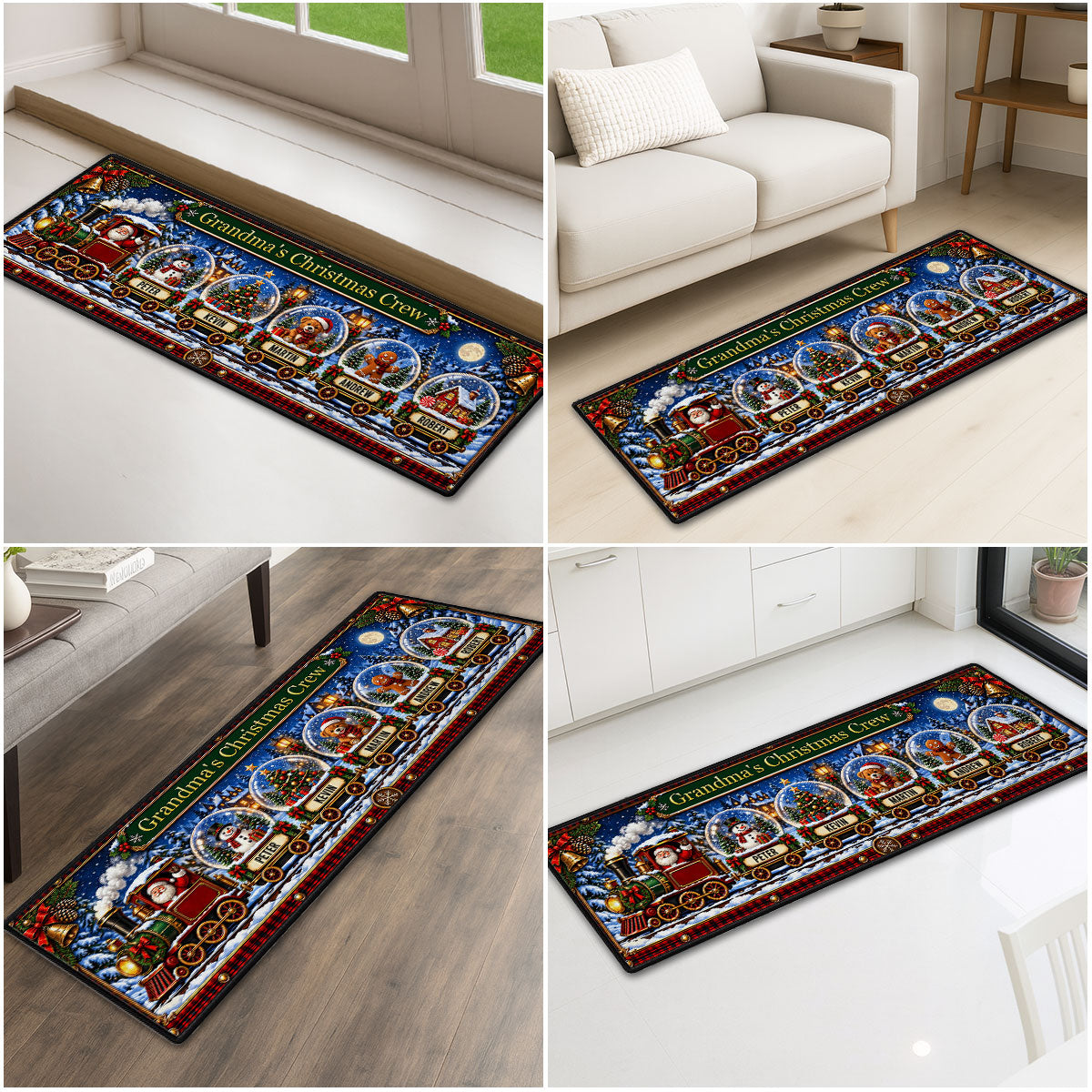 Custom Family Name Rug, Housewarming Birthday Gift For Family Members • Snow Globe Christmas Crew - Personalized Runner Rug