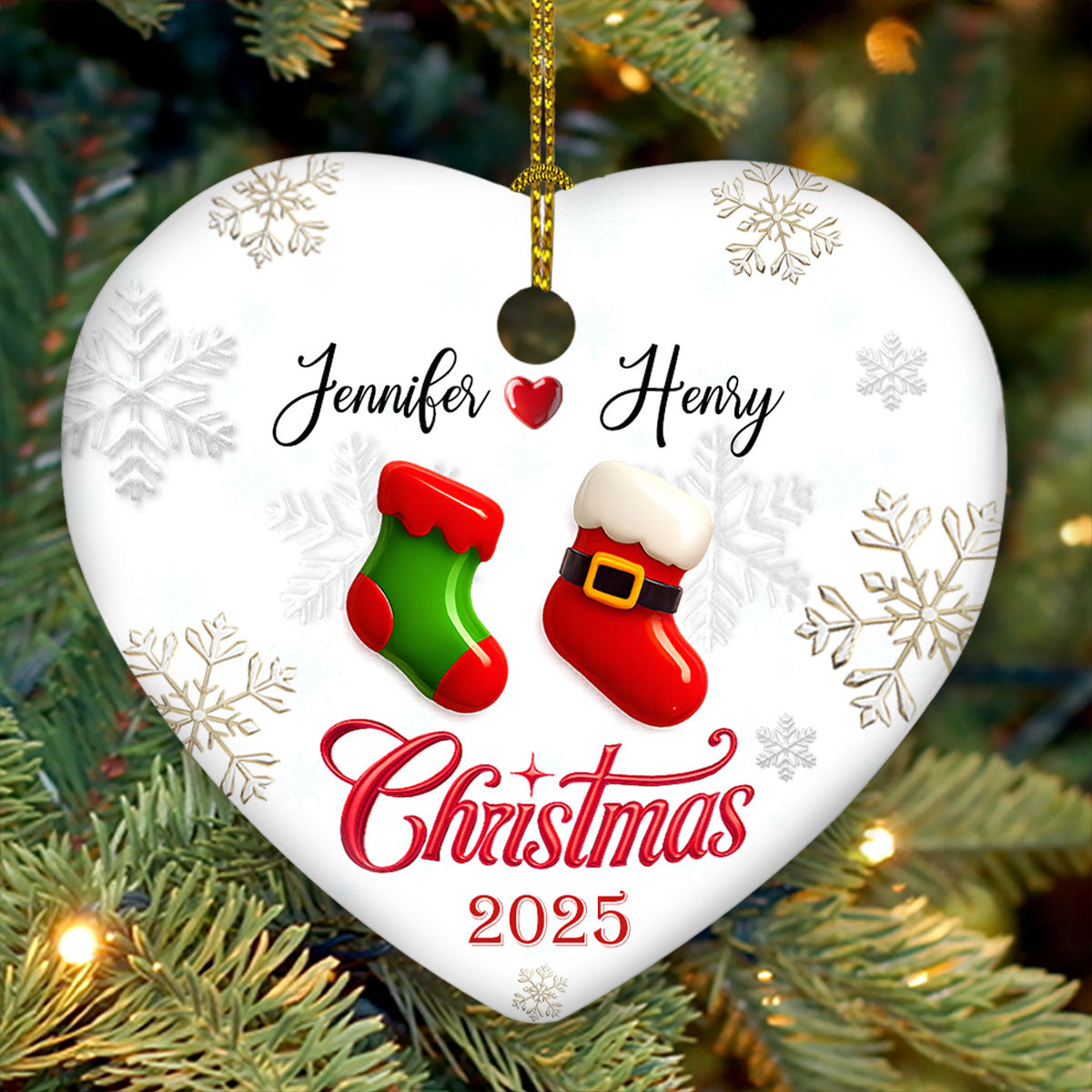 Custom Couple Christmas Ornament, Anniversary Gift •  Our Matching Socks - Personalized 3D Effect Heart Ceramic Ornament